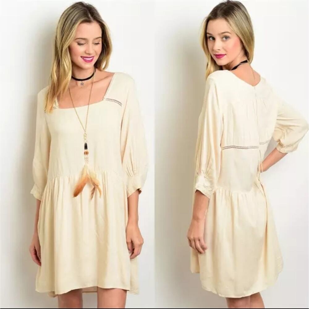 Entro Long Sleeve Peasant Dress Size Small S Cream Boho Bohemian Short Casual